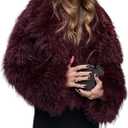 Wyeysyt Womens Faux Fur Coat Cropped Lapel Fluffy Fur Jacket Long Sleeve Open Front Shaggy Fuzzy Outerwear (Large, Winered)