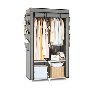 Portable Closet for Hanging Clothes, Portable Wardrobe Closet with Cover, 4 Storage Shelves, 2 Hanging Rods and 8 Side Pockets, Easy Assembly and Sturdy Free Standing Closet for Bedroom, Grey