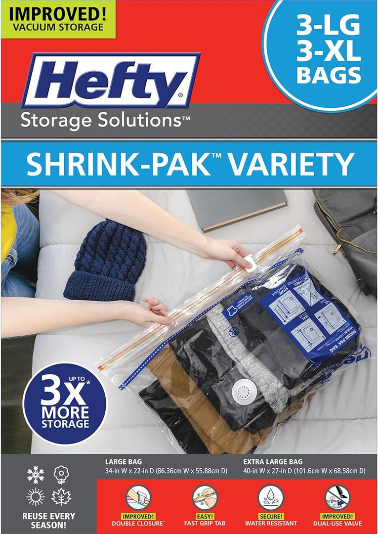 Hefty Shrink-Pak Vacuum Storage Bags - Space Saver for Under Bed Storage, Clothing and Comforters, Odor Resistant, 3X More Storage Space - 3 Large, 3 XL Bags