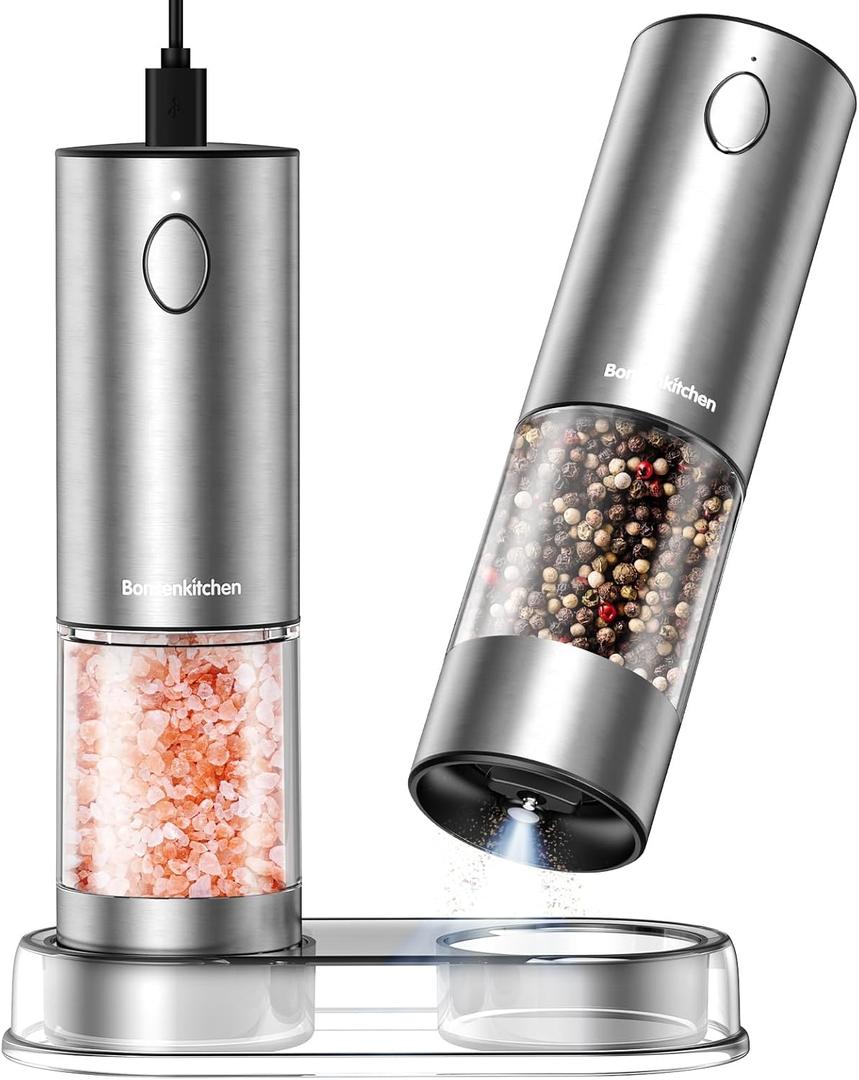 Bonsenkitchen Electric Salt and Pepper Grinder Set, USB-C Rechargeable Stainless Steel Adjustable Coarseness Pepper Mill with LED Light, 95ml Large Capacity, Clean Brush for Kitchen, BBQ & Camping