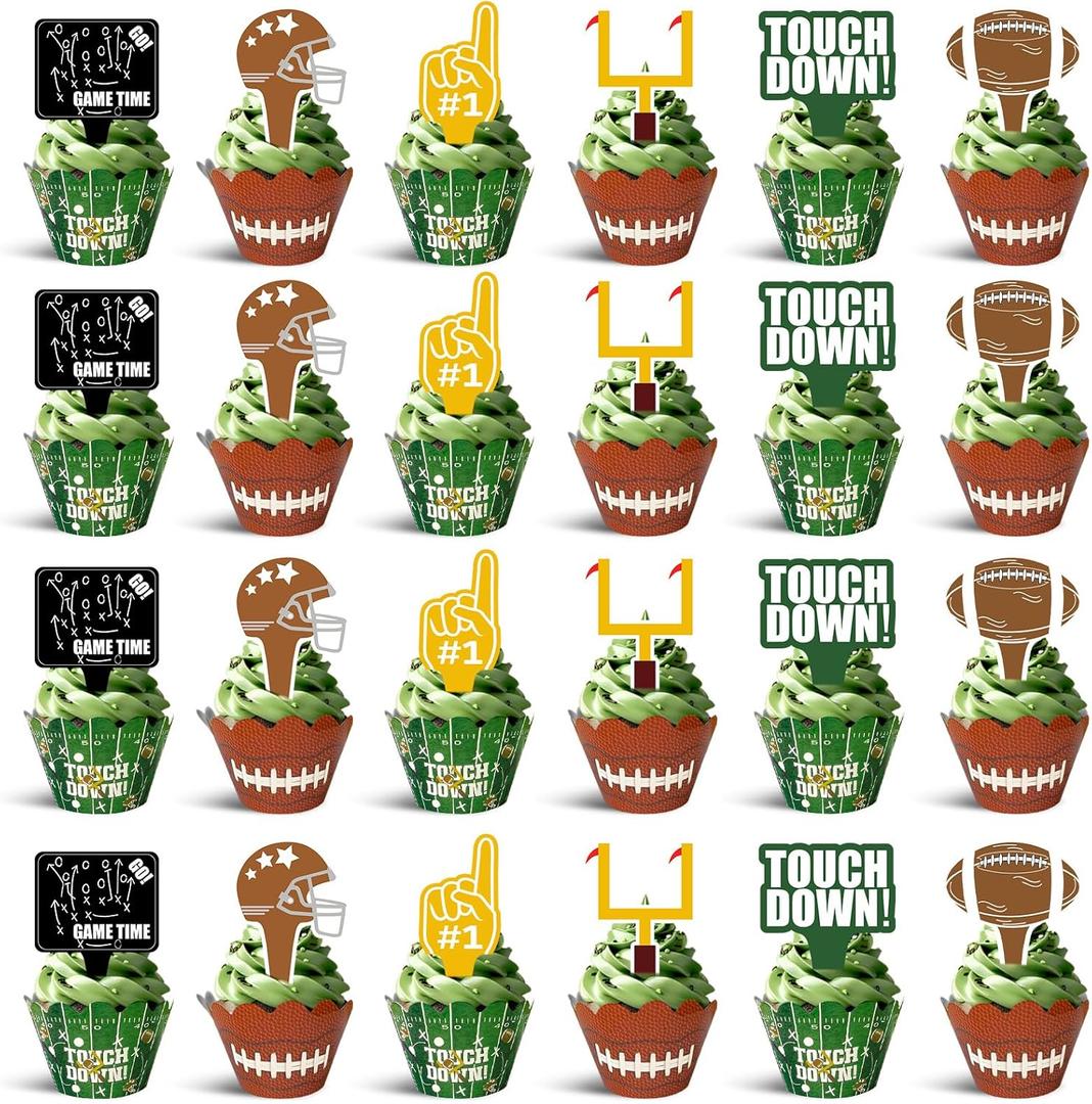 48Pcs Football Cupcake Toppers and Wrappers | Football Theme Birthday Sports Game Day Sunday Party Decoration Supplies