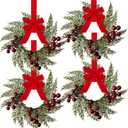 4 Pieces 8" Mini Christmas Wreaths - Small for Kitchen Cabinet/Window/Front Door, Artificial Red Berries & Pinecones, Christmas Candle Rings, Table/Farmhouse Decoration (No Ribbon)