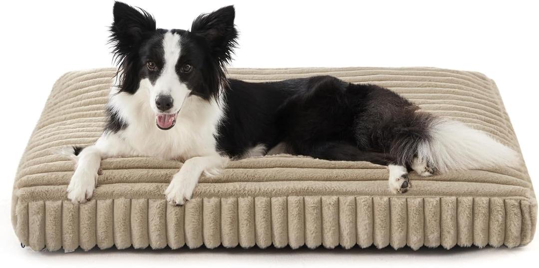 Dog Beds Large Sized Dog, Flat Pet Beds with Removable Washable Cover, Pet Mat Cute Pet Crate Bed Thick Shredded Chopped Crate Foam & Anti Slip Bottom for Indoor, 35"x23"x4" Beige