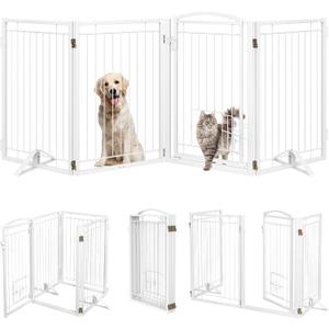 Metal Freestanding Dog Gate with Cat Door for Indoor/Outdoor,80" Extra Wide Foldable Pet Gate,32" Tall Foldable Indoor Dog Fence for Large Openings Stairs,Deck,Yard,Doorways(4 Panels,White)