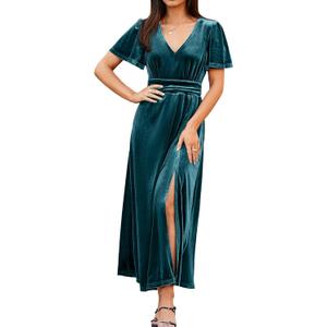 Simplee Women's Velvet Maxi Dress V Neck Short Sleeve Empire Waist Semi Formal Long Cocktail Dresses (Green)