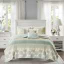 Madison Park 100% Cotton Quilt Set Floral Print, Double Sided Stitching, All Season, Lightweight Coverlet Shabby Chic Bedding Layer, Matching Shams, King/Cal King(104"x94"), Green Yellow 6 Piece