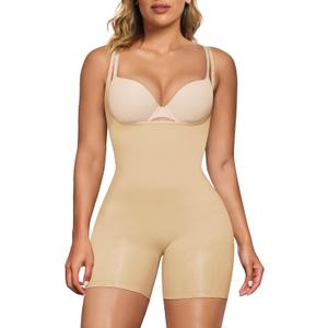 SHAPERX Women's Sculpting Bodysuit Tummy Control Shapewear Open Bust Thigh Slimmer Seamless Body Shaper, SZ5258-Beige-L/ XL