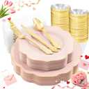 NOCCUR 175PCS Pink Plates with Gold Disposable Silverware - Include 50 Pink Plastic Plates,25 Knives,25 Forks,25 Spoons,25 Cups and 25 Napkins - Ideal for Party/Wedding/Mother's Day