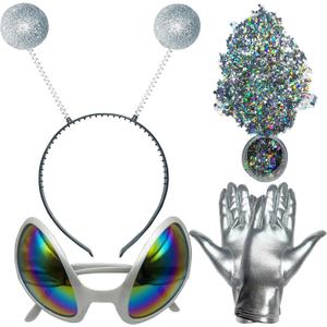 Alien Headband, Alien Costume for Adult Women and Kids, Halloween Accessories: Glasses, Gloves, Holographic Glitter (Silver)