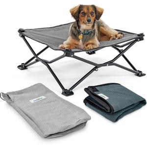 Coolaroo On-The-Go Elevated Dog Bed Kit – Portable & Cooling Travel Cot with HeatShield Fabric for Small Dogs, Lightweight & Compact, Includes Matching Carry Bag & Pacific Blue Bonus Cover, Small