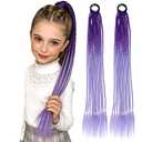 2 PCS Colorful Braided Hair Extensions 24 inch, Fun Ponytail with Elastic Tie, Crazy Hair Day Accessories for Girls Lightweight Synthetic HairpiecesPurple/Light Purple