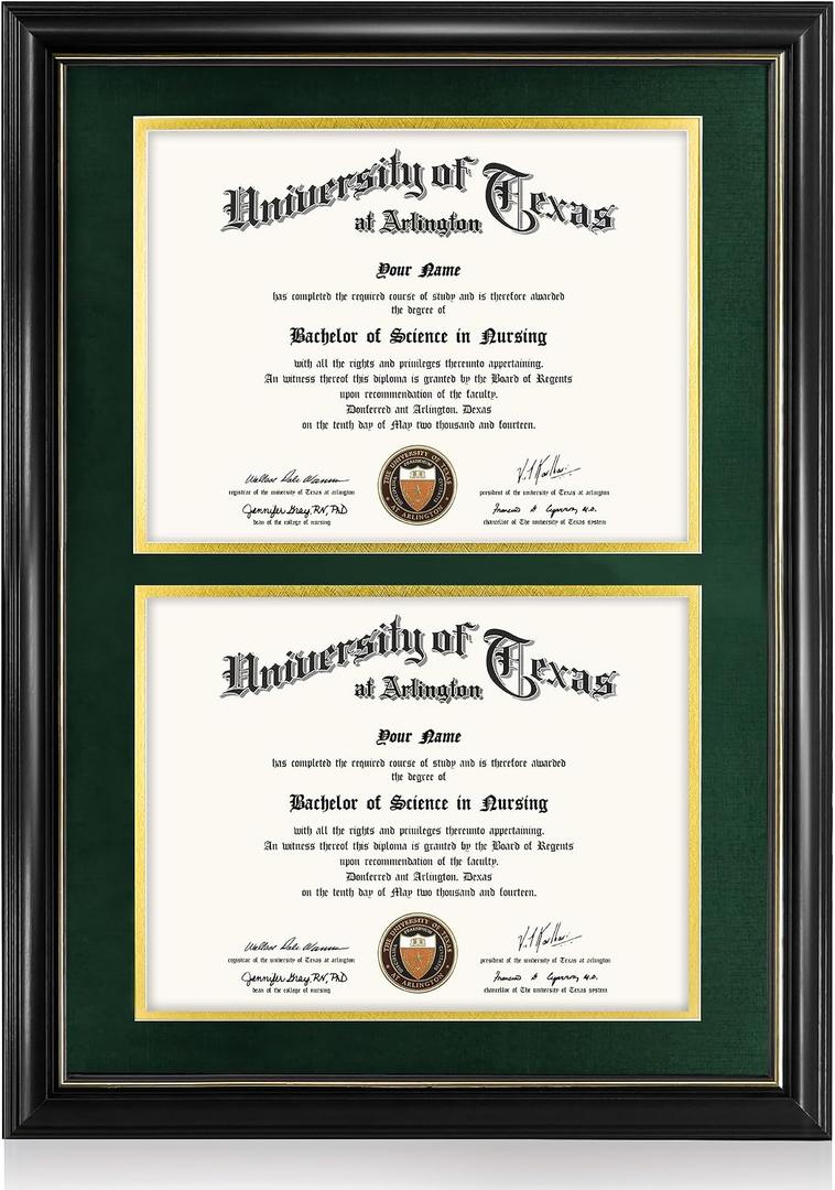 GraduationMall Double 8.5x11 Diploma Frame,Solid Wood & Tempered Glass,Black Finish with Gold Trim,Forest Green & Gold Mat