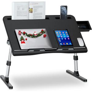 Laptop Bed Desk, X-Large Leather Adjustable Computer Bed Table Tray, Foldable Laptop Lap Desk for Bed Sofa Couch Floor Writing Eating Working with Drawer 2 Movable Stoppers (23.6 inch, Black)