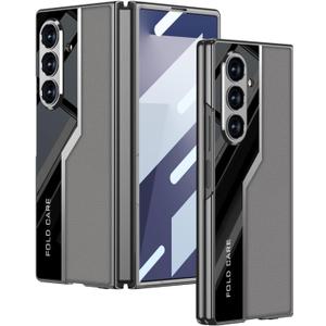 Lunivop Compatible with Samsung Galaxy Z Fold 7 Case PU Leather Back Cover TPU Slim Silicone Plating Frame with Built-in Screen Protector Shockproof Phone Cases for Z Fold 7 (Gray)