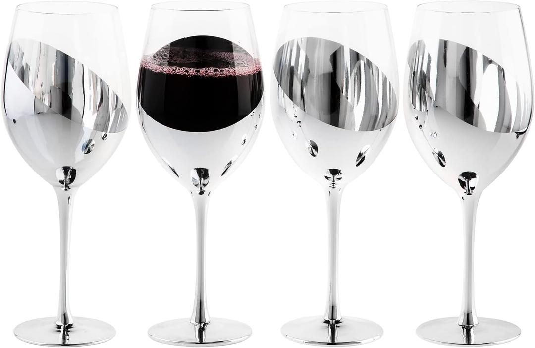 MyGift Modern Silver Long Stemmed Wine Glasses for White or Red Wine with Elegant Angled Design, Set of 4