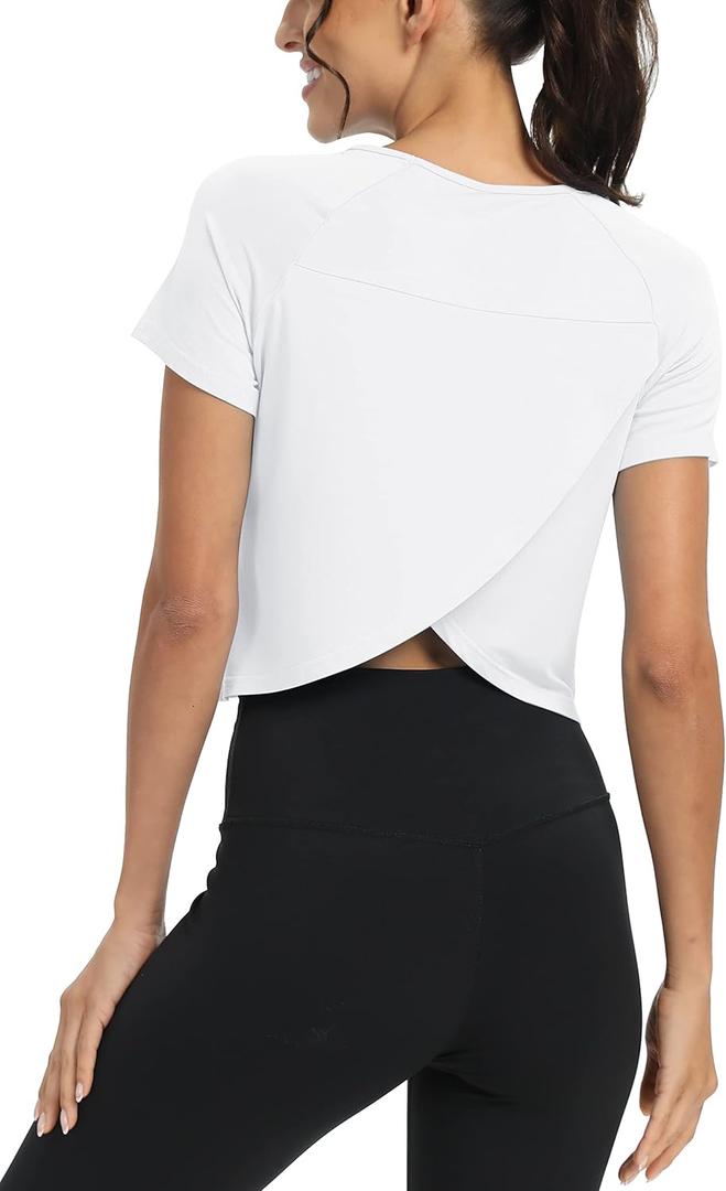 Mippo Workout Tops for Women Cropped Split Back Athletic Gym Exercise Shirts Loose Fit (Medium, White)