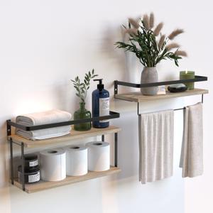 RICHER HOUSE 2+1 Tier Wall Mounted Floating Shelves Set of 2, Rustic Wood Wall Shelf with Metal Frame, Extra Storage Rack for Bathroom, Kitchen, Bedroom with Tissue Rack & Towel Bar - Rustic Wood