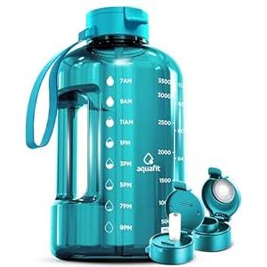 AQUAFIT 1 Gallon Water Bottle with Time Marker - Straw & Chug Lid - BPA Free Gym Water Bottle with Straw - Big Gallon Jug (Aqua, 128 oz - 2 Lids)