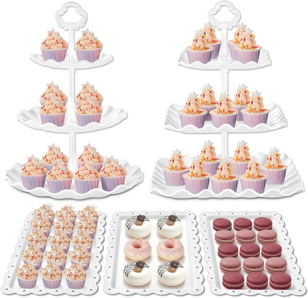 Kootek Dessert Cupcake Stand, 5pcs Dessert Table Display Set, 3 Tiered Cup Cake Holder Tower Stand Riser& Cookie Serving Trays for Wedding, Tea Party, Birthday, Baby Shower (Bright White)