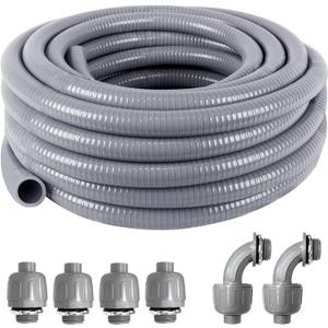 1-1/4inch 25FT Electrical Conduit Kit,Liquid-Tight Conduit and Connector Kit with 4 Straight and 2 Angle Fittings Included,Flexible Non Metallic Conduit(1-1/4" Dia,25 Feet)