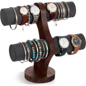 2 Tier Walnut Bracelet Holder Display Wooden Watch Stand Organizer T Bar Rack Storage Tower for Selling Retail (Gray)