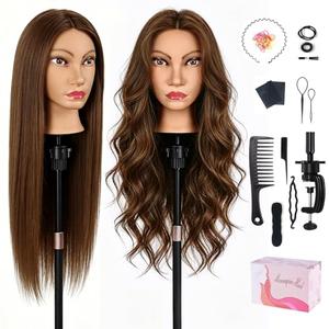 26''Real Hair Mannequin Head,TopDirect 100% Amber Brown Hairdresser Cosmetology Mannequin Doll Head Styling,Manikin Heads Hairs Braiding DIY Styling with Clamp Holder and Tools Set