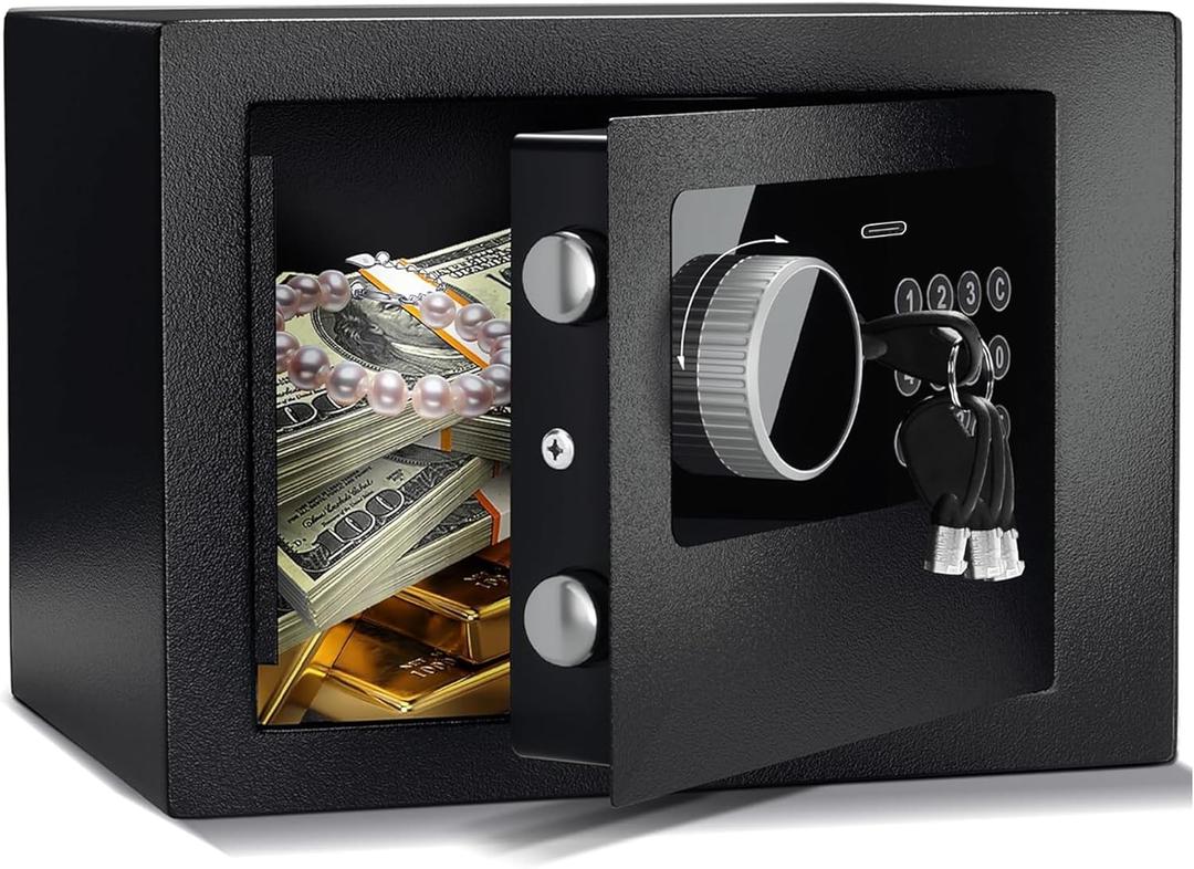 Digital Electronic Money Safe, Steel Security Lock Box with Keypad, Office Hotel Business Jewelry Gun Cash Safe, 0.23 Cubic Feet, 9.06" W x 6.69" D x 6.69"H, Black
