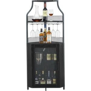 IDEALHOUSE Corner Bar Cabinet, Wine Bar Cabinet with Large Storage Space and Detachable Wine Rack, Wine Cabinets with Glass Holder and Mesh Door for Dining Room, Living Room, Kitchen (Black)