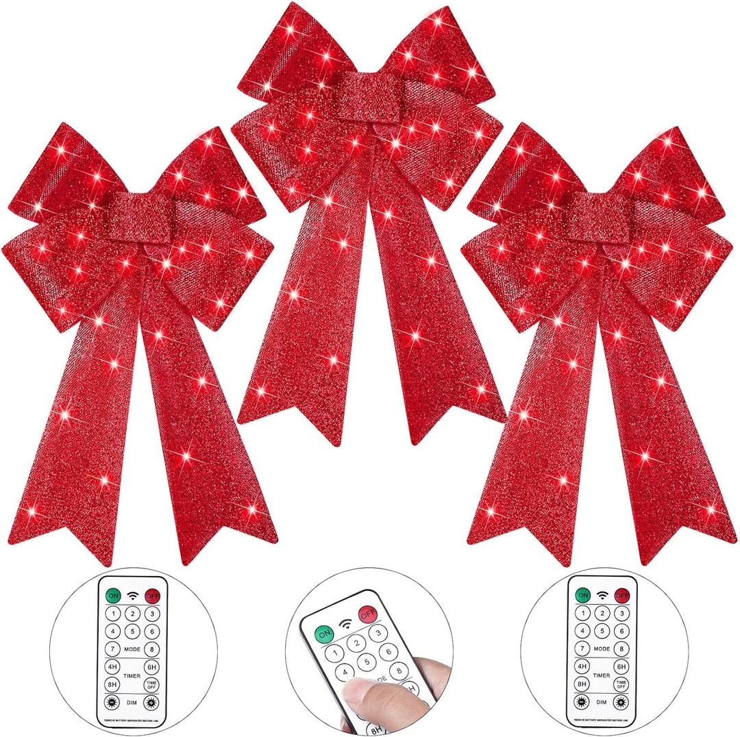 WILLBOND 3 Pcs Pre Lit Christmas Bow Decoration 24x12 Inches LED Light Large Red Bow Tree with Timer Function Lighted Christmas Tree Decor 8 Function