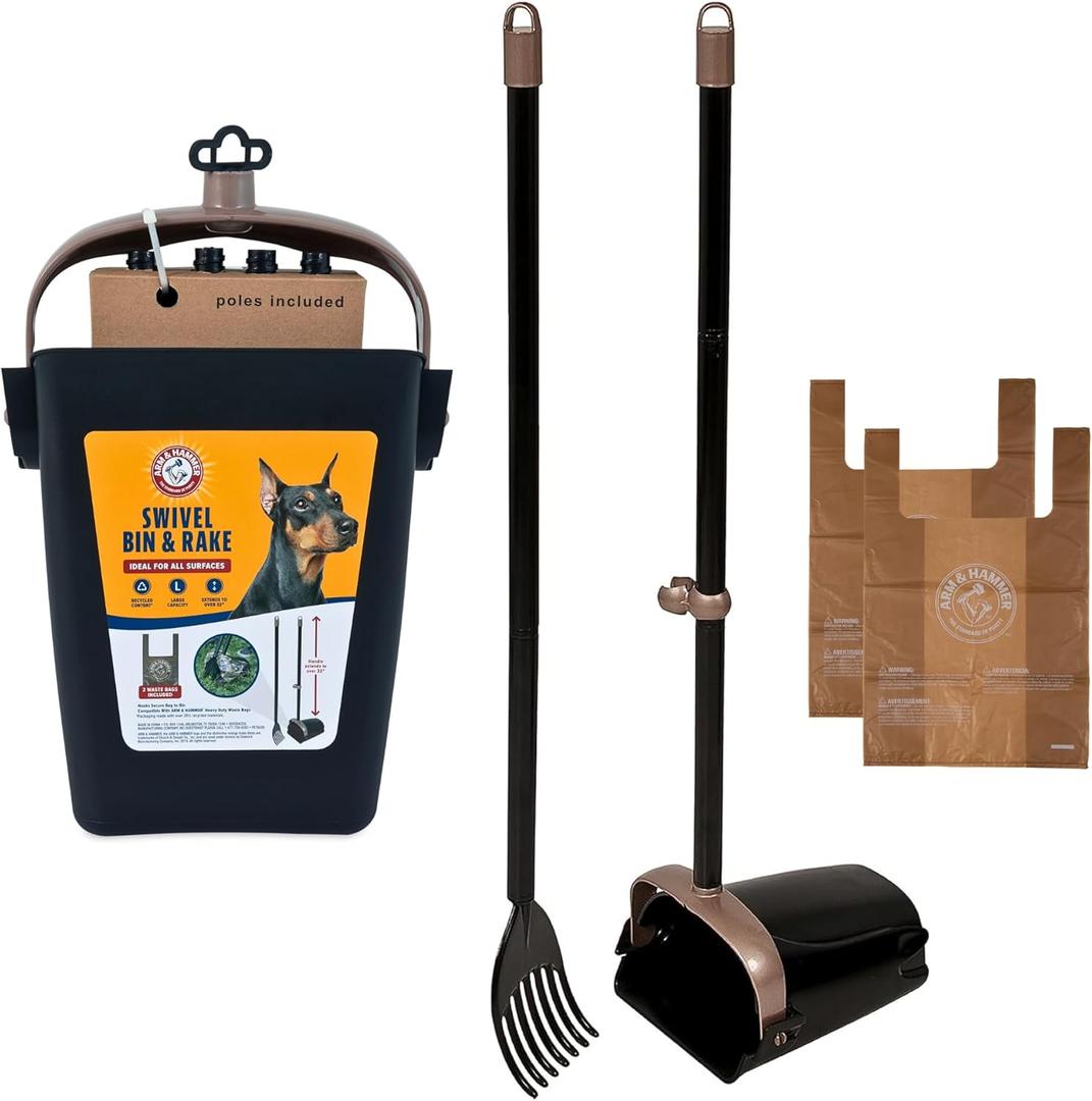 Arm & Hammer Dog Pooper Scooper Swivel Bin & Rake, Poop Scoop for Dogs, Black (2 Heavy Duty Scented Waste Bags Included) (One Size)