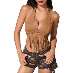 MakeMeChic Women's Fringe Rodeo Faux Suede Halter Tops Tie Backless Sleeveless Western Cowgirl Concert Outfits (Brown, XS)