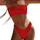 YIMISAN Women's Two Piece Bandeau Swimsuit Ribbed Strapless Tube Bikini Top with Mid Waist Cheeky Bottom Bathing Suit Red Small