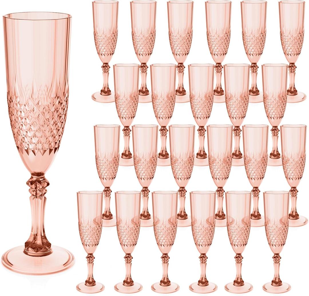 Plastic Champagne Flutes, Champagne Glasses Bulk, Reusable Unbreakable Acrylic Wine Glasses Goblets for Weddings Bachelor Parties Toasting Bridal Shower (24, Rose Gold)