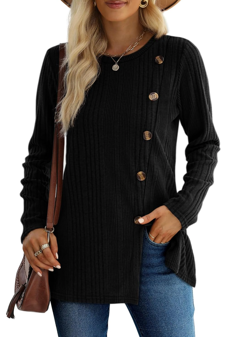 XIEERDUO Long Sleeve Tops for Women Tunics Buttons Front Slit M