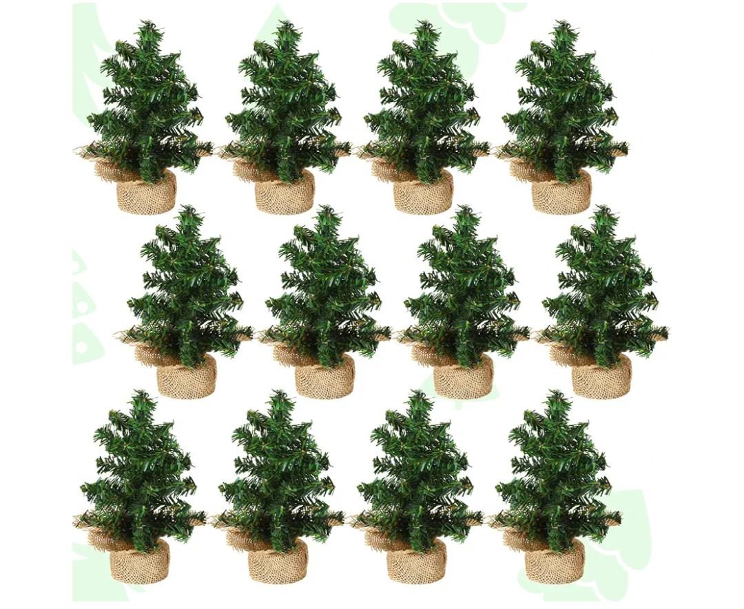 Yinder Tabletop 12 Pcs Mini Christmas Tree 7.87 Inch Artificial Mini Xmas Miniature Pine Christmas Tree with Linen Base for Xmas Holiday Decorations Indoor Home Kitchen Dining Table