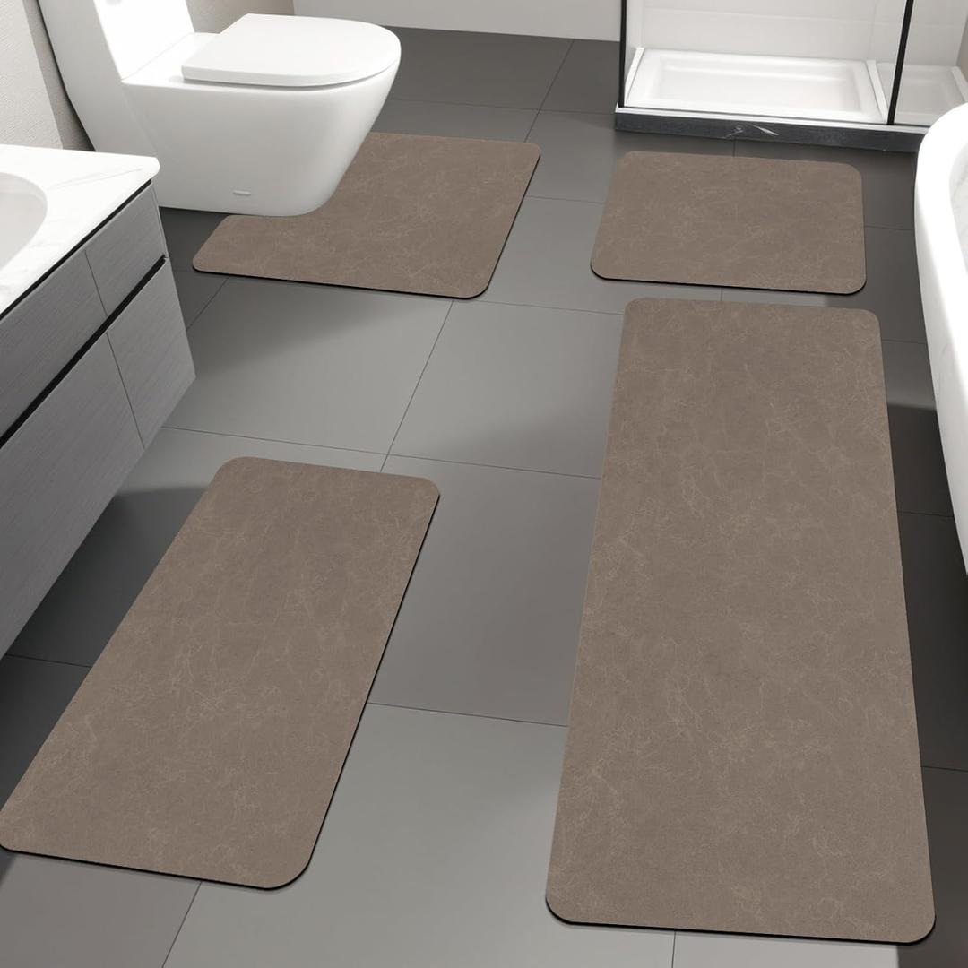 YIHOUSE Brown Bath Mat Rug Sets 4 Piece,Khaki Thin Bathroom Rugs Fit Non Slip Bathroom Mat Quick Dry, Absorbent Rubber Bath Mats for Bathroom Floor,Shower