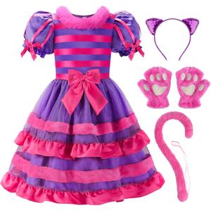 ReliBeauty Cartoon Magic Striped Cat Dress Wonderland Costume for Girls with Headband, Gloves and Tail (8/130)