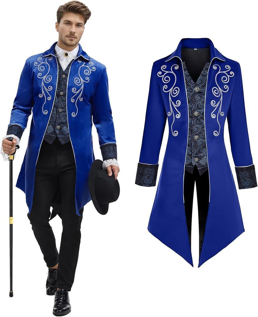 Men's Medieval Steampunk Jacket Victorian Coat Renaissance Renaissance Tailcoat Halloween Costume (3X-Large, Blue)