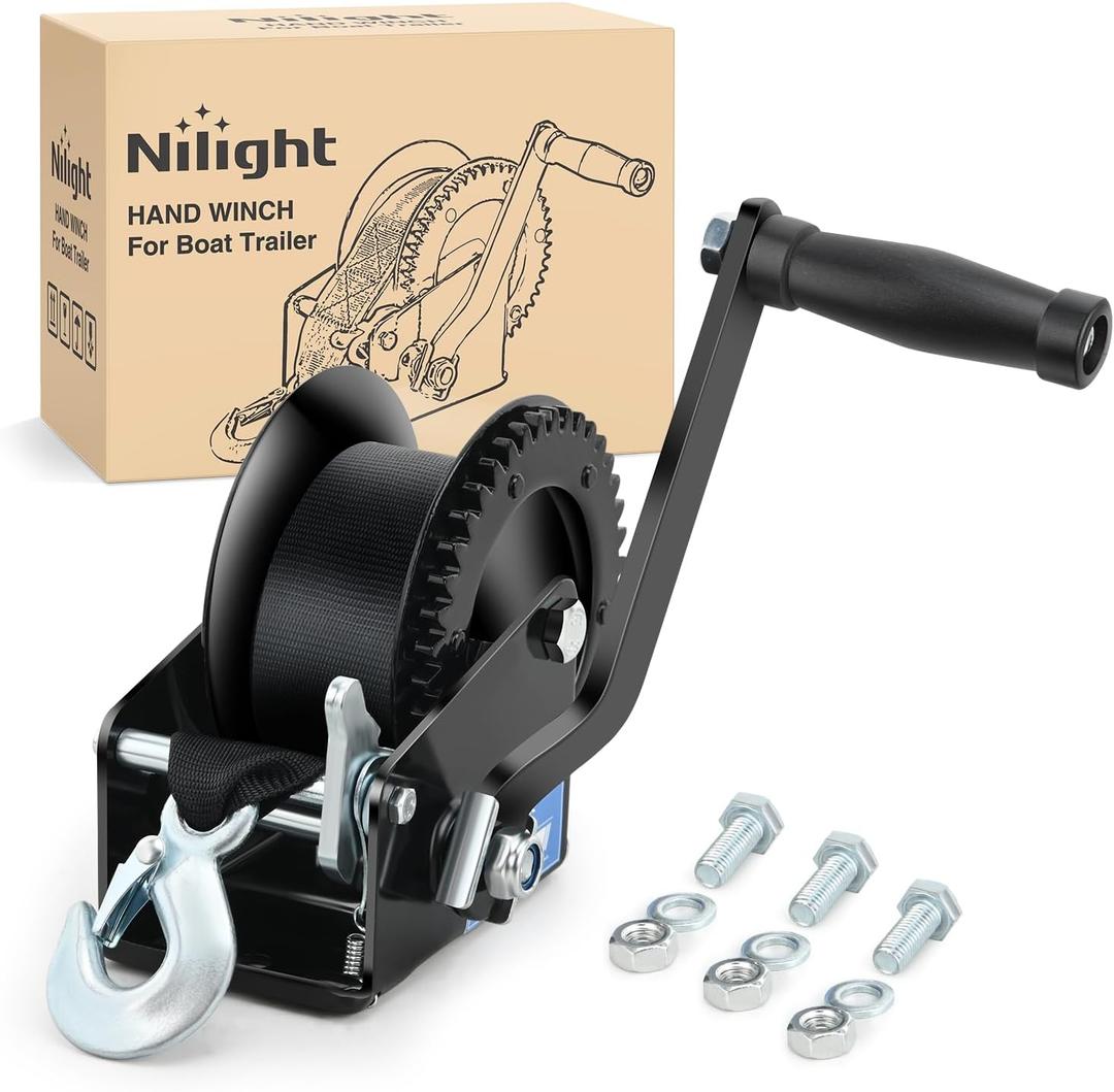 Nilight Boat Trailer Winch 1200 Lbs Hand Crank Winch Heavy Duty Boat Winches with 23Ft Strap Rope Hook 2-Way Ratchet 4:1 Gear Portable Marine Manual Winch for Trailers Boats RV ATV Jet Ski Towing (Black)