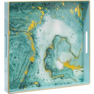 MAONAME Turquoise Square Decorative Tray for Coffee Table, Marbling Serving Tray with Handles, Modern 13" Plastic Trays for Ottoman, Bathroom, Storage