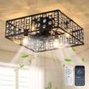 Garwarm Caged Ceiling Fan with Light,19.6"" Black Crystal Fandelier Ceiling Fan with LightBladeless Industrial Ceiling Fan for Bedroom, Living Room, Dining Room(6-Speed, Timing), Square Shape