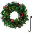Joiedomi 20” Artificial Christmas Wreath Prelit with 15” Hanger, Decorated with 50 LED Lights, Red Berries, Pine Cones Glitter Pine Needles for Front Door Wall Christmas Decorations (Battery Operated)