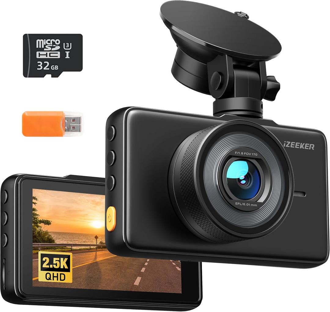 iZEEKER 2.5K Dash Cam, 1440P QHD Car Camera with Free 32GB Card, 3" IPS Display, Night Vision, WDR, 170Wide Angle, Loop Recording, G-Sensor Emergency Recording, 24H Parking Mode, Type C
