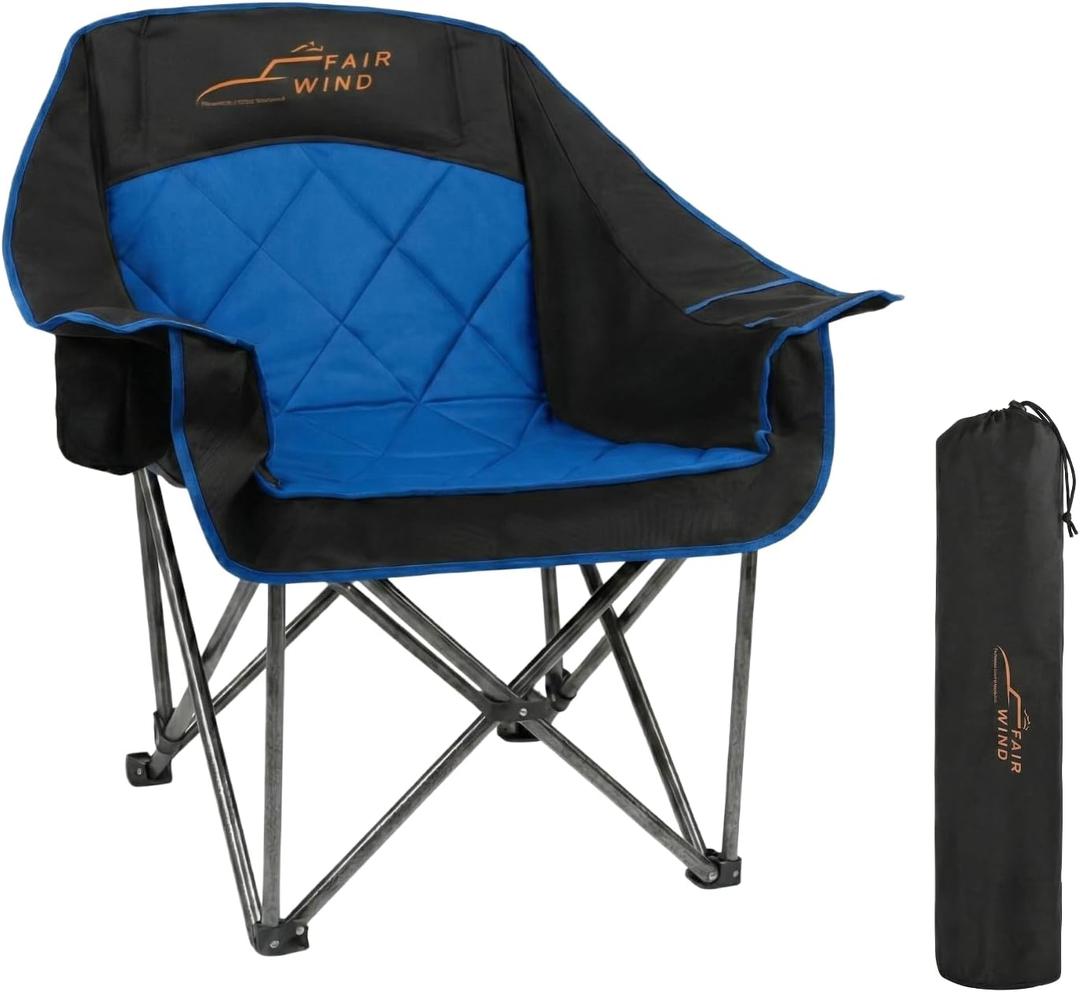 FAIR WIND Oversized Padded Camping Chair Heavy Duty Quad Fold Arm Chair Portable for Outdoor - Support 500LBS, Blue