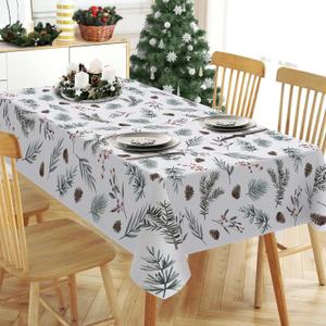 Winter Pine Tree Leaves Rectangle Tablecloth 60 x 84 Inch, Leaf Pine Cone Red Berry Decorative Table Cloth Farmhouse Dining Table Cover, Christmas Holiday Dinner Party Picnic Decoration
