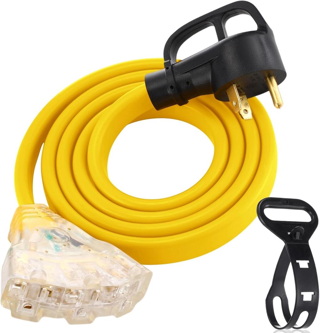 6.6 FT Flat RV Generator Adapter Cord Compatible with NEMA TT-30P to 3X 5-20R/5-15R, 30A to 110V 15/20 A Household Outlet Adapter, 10 Gauge Flat RV Generator Extension Cord, ETL Listed (Yellow)