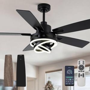 52" Chandelier Fan Black Modern Ceiling Fan with Lights DC Motor Reversible Indoor Ceiling Fan for Bedroom, Living Room