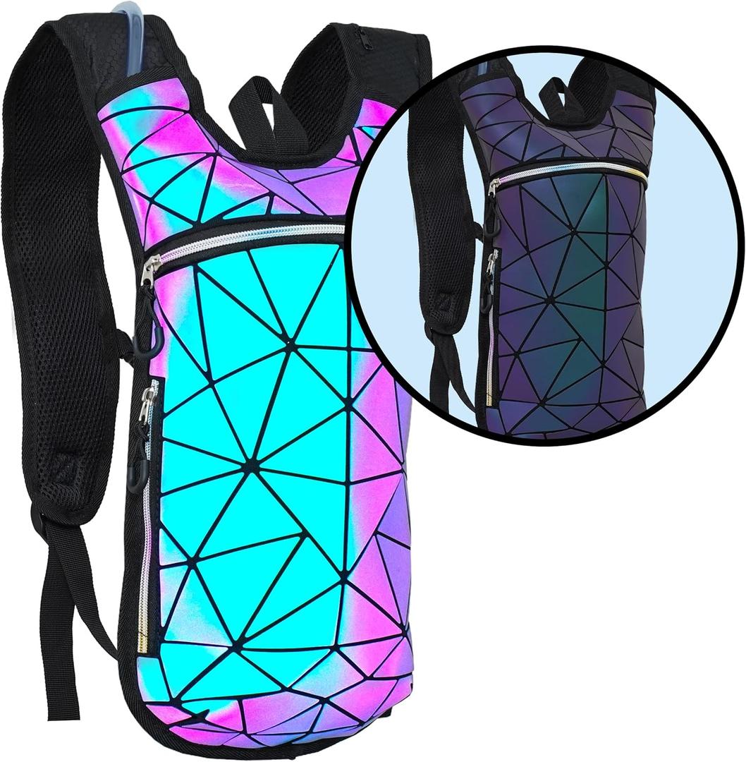 Sojourner Rave Hydration Pack - Hydration Backpack - Hydropack with 2L Bladder - Water Backpack for Festivals, Hiking, Running, Biking and More (One Size, Geometric Glow)