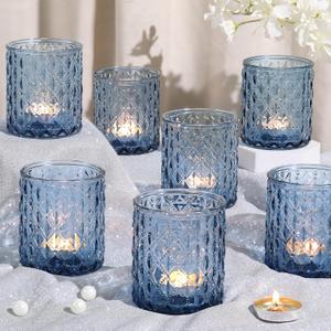 8Pcs Large Votive Candle Holders Blue Tea Light Candle Holders Glass Candle Holder for Wedding, Bridal Shower, Table Centerpiece, Party, Home Decor