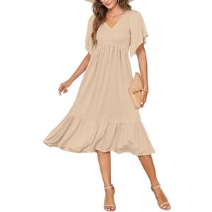 AUSELILY Women's Summer Empire Waist Dress Smocked Flutter Short Sleeve V Neck Midi Dresses 2025 New, Large, Apricot
